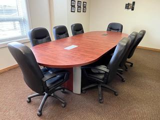 Conference Room Table c/w Pop-Up Power Station & (8) Rolling Chairs, 10'x 47.25".