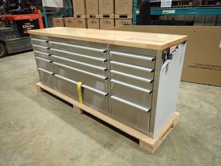 Unused 72 In. Stainless Steel 15 Drawer Tool Chest With Wood Top with Key, 72 In. W x 18 In. D x 37.4 In. H, Model HTC7215W