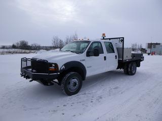 2007 Ford F-450 XL Crew Cab 4X4 Flatbed Truck c/w 6.0L V8 Diesel, A/T, Dually, Showing 348,783 Kms, Storage Cabinet, Diesel Slip Tank, Beacons, Manual Hubs, Warn 15000 Lb Winch, 225/70R19.5 Tires at 85%, 9 Ft. 4 In. Bed, VIN 1FDXW47P47EA91015 *Note: ABS Light On*