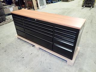 Unused 72 In. Powder Coating Steel Tool Chest, Wood Top w/ 15 Drawers w/ Key, 72 In. x 18 In. x 35 In., Model HTC7215PC
