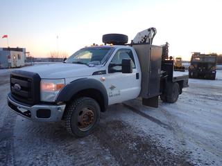 2011 Ford F-550 Super Duty Single Cab 4X4 Flat Deck c/w 6.7L Power Stroke Diesel, A/T, A/C, Dually, Showing 110,759 Miles, Manual Hub, PTO, Headache Rack, 5th Wheel, Storage Cabinet, 225/70R19.5 Tires at 40%, Rears at 20% 5 Ft 4 In. x 8 Ft Deck, w/ IMT 6-39 Crane, Last Inspected June 2019, SN 631348 (Working Condition Unknown), CVIP 07/2021, VIN 1FDGF5HT0BEB43752 *Note: Engine Light On, Boost to Start*