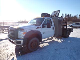 2011 Ford F-550 Super Duty Single Cab 4X4 Flat Deck c/w 6.7L Power Stroke Diesel, A/T, A/C, Dually, Showing 112,347 Miles, Manual Hub, PTO, Headache Rack, 5th Wheel, Storage Cabinet, 225/70R19.5 Tires at 20%, Rears at 10%, 5 Ft 4 In. x 8 Ft Deck, w/ IMT 6-39 Crane, Last Inspected June 2019, SN 631406 (Working Condition Unknown), CVIP 06/2021, VIN 1FDGF5HT0BEB92627 *Note: Engine Light On, Boost to Start*