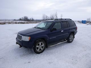 2004 Jeep Grand Cherokee 4X4 c/w 4.7L V8 Power Tech, A/T, Showing 368,131 Kms, Power Sunroof, 235/65R17 Tires at 20%, VIN 1J4GW58NX4C169242 *Note: Runs Rough, Requires New Hood Struts, ABS Light On*