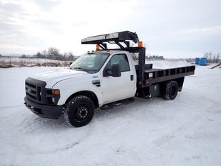 2008 Ford F-350 Super Duty XL Single Cab Flat Deck c/w 6.8L V10 Triton, A/T, A/C, Dually, Showing 262,124 Kms, Beacons, Storage Cabinet, Programmable Sign w/ Intelicom Controller, Prodigy Trailer Brake Controller, LT245/75R17 Tires, 12 Ft. Deck, VIN 1FDWF36Y68EC90987 