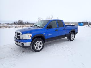 2007 Dodge Ram 1500 SLT 4X4 Crew Cab Pick Up c/w 5.7L Hemi, A/T, A/C, Showing 278,840 Kms, P275/60R20 Tires at 20%, 6 Ft. 2 In. Box, VIN 1D7HU18207S244688 *Note: Boost to Start, Runs Rough, Engine Light On, ABS Light On, Check Gauges Message, Requires New Hood Struts, Damage and Rust* 