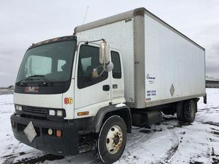 2000 GMC T8500 24' S/A Van Body, c/w Cat 3126 Turbo, Eaton 6 Spd, Folding Hyd. Tailgate, Roll Up Rear Door, Air Brakes, Dual Fuel Tanks, 24' Van Body, 11R22.5 Tires, Showing 493,181 Kms, VIN 1GDP7C1C4YJ515492