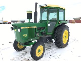 1968 John Deere 4010 Farm Tractor c/w 6 Cyl Diesel, ROPS, Rear 540 PTO , Mid Front 1000 PTO, Heater, CD Player, LED Work Lights, 7.5-18 Front, 18.4-34 Rear Tires, Showing 7 Hours, S/N 401022T8357