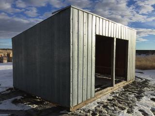 Wooden Animal Shelter w/Tin Cladding 16'Lx9'10Wx8'6"H @ Front (2) Opening Front 51"x72" Each, 6'8" @ Back. Control # 8466