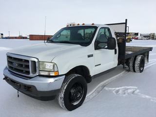 2002 Ford F550 SD 4x4 Deck Truck c/w 7.3L V8 Power Stroke Turbo Diesel, Auto, A/C, Dual Batteries, Trailer Brake Modual, Tow Hitch Receiver, 11'6" Deck, Showing 204,623 Kms, VIN 1FDAF57FX2EA80287