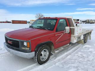 1995 GMC Sierra 3500 Flat Deck Truck c/w 5.7L V8 Gas, Auto, Under Deck Storage Box, Storage Box, Slip Tank, 10' Deck, Showing 54,657 Kms, VIN 1GDJC34KXSE545200