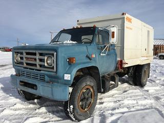 1981 GMC Sierra 7000 S/A Flusher Truck c/w 7.0L V8 GAs, 5+2 Spd, 1650 PSI Pump Controls, Hose & Reel, Back Up Alarm, Meter Showing 28907, VIN 1GDL7D1EXBC578294