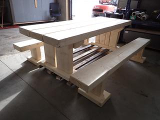 Solid Timber Spruce Pedestal Table 96" x 36" x 30" w/ (2) Matching Bench Seats, 96" x 11" x 18".