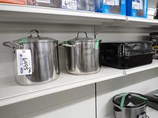 (2) Chefmate Stainless Steel Pots c/w Glass Lids and (2) Roasting Pans 18"L x 14"W x 4 1/2" Deep.