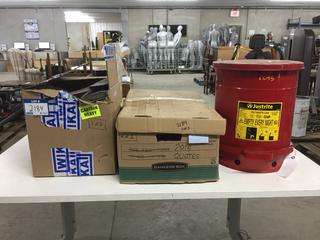 10 Gallon Just Rite Oily Waste Can and (2) Boxes of Spill Kit Rags.