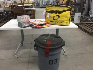 Rotex Emergency Spill Kit, Pail of Spill Kit Socks, Box of Foam Ear Plugs and Safety Vests.