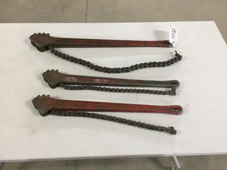 (2) Ridgid 24" Ratchiting Chain Wrenches and (1) Ridgid 28" Ratchiting Chain Wrench.