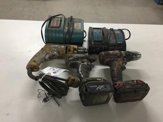 Milwaukee Cordless Drill, Makita Cordless Drill, DeWalt Electric Drill and (2) Makita Battery Chargers.