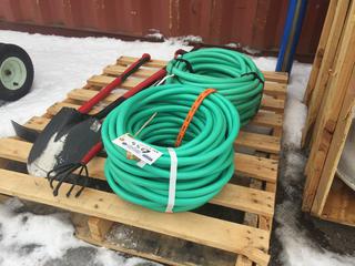 (2) 1/2" Garden Hose 100' Ea., Shovel, Pick Axe and Cultivator.