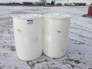 (2) Plastic Barrels w/ Lids. *Wooden Crate Not Included*