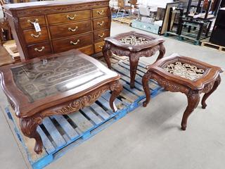 Solid Wood Carved Glass Coffee Table & (2) End Tables w/ Metal Design Inlays.