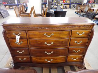 Solid Wood Carved 12 Drawer Dresser, 65" x 20" x 43" & Decorative Inlay Round Wall Mirror. 47" Diameter.