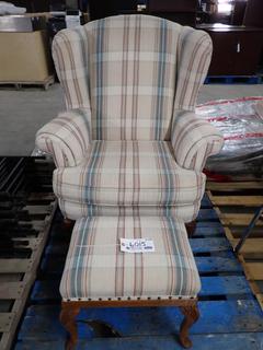 Plaid Upholstered Wingback Chair c/w Ottoman.