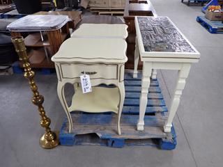 Hallway Table w/ Decorative Inlay, 37 1/2" x 13 1/2" x 29 1/4", (2) French Provincial Side Tables 20" x 16" x 28 1/4" & Brass Floor Candle Holder 39".