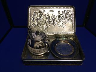 Metal Teapot, Plate, & Decorative Box.