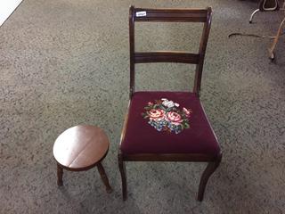 Small Stool (11" Tall) & Floral Embroidered Chair (33 1/2" Tall).