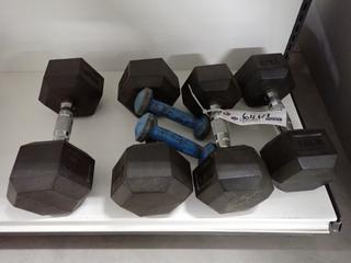 Assorted Dumbbells, (2) Hex TKO Premium PVC 20lb, (2) Hex TKO Premium PVC 15lb, (2) Metal 1lb.