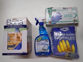 Quantity of Assorted Dusters, Glass Cleaner, Blue Nitrile Gloves and Rubber Gloves.