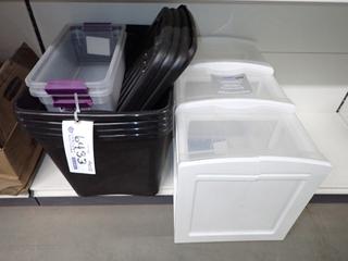 Multi-Drawer Storage System, (4) Tote Bins w/ Lids, (2) Clear Smaller Bins.