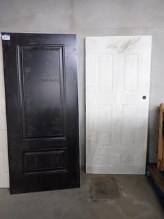 (2) Exterior Metal Doors, Approximately 35 1/2" x 79". (1) White, (1) Brown.