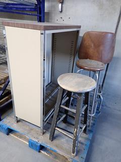 Assorted Bar Stools, Metal Book Shelf, Metal Desk, Etc.