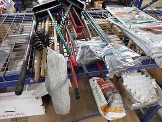 Assorted Brooms, Mops, Ice Scraper, Etc.