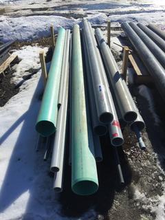 Quantity of Grey PVC Pipes, various sizes, (2) 6" Green Sewer Pipes.