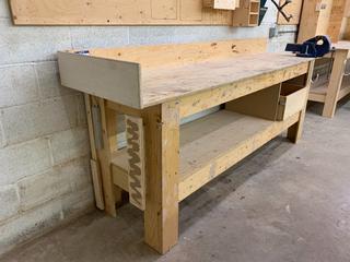 Custom Built Work Bench c/w Attached Vise, 98"x 24.5"x 3', Includes Shelf On Wall.