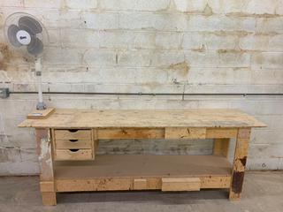 Custom Built Work Bench c/w Attached Fan, 8'x 2'x 3'.