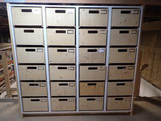 24 Drawer Shelving Unit 76 1/2" x 69 1/4" x 28" c/w Assorted Nuts, Bolts and Screws.