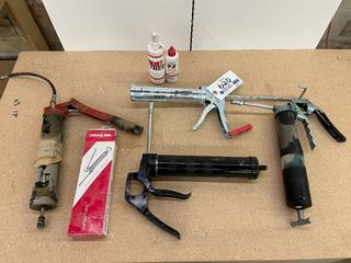 Assorted Grease/Caulking Guns, Rust Remover & Waterproof Lubrication.