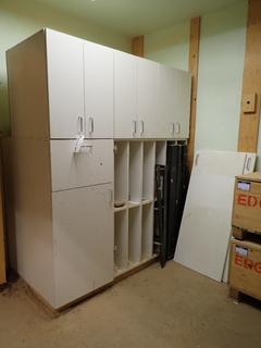 White Cabinet, Approximately 62" x 34 1/2" x 72" w/ Quantity of Assorted Metal Brackets, Metal Tubing. *Note: 2 Doors Need to be Assembled*