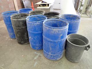 (8) 45 Gallon Plastic Barrels & (1) Large Plastic Garbage Pail.