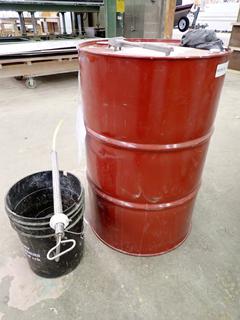 45 Gallon Pail of Mobk Therm 603 Heat Transfer Oil c/w Hand Pump, Half Full.