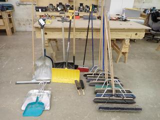 Lot of Assorted Push Brooms, Scoop Shovels, Snow Shovel, Etc.