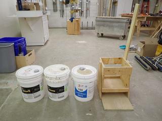 (1) 5 Gallon Pail of Water Base Contact Adhesive & (2) Fast Bond Water Based Adhesive, *Open*.