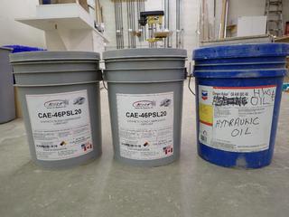 (1) 5 Gallon Pail of Hydraulic Oil, (2) 5 Gallon Pails of Synthetic Blend Compressor Lubricant, *Open*.