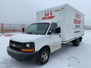 2006 Chev Cutaway 16' Cube Van c/w 6.6l Diesel, Auto, Roll Up Door, Cab Access Hatch, Slide Out Aluminum Ramp, Showing 100273 Kms. VIN 1GBJG312061224457