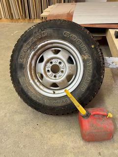 Good Year Wrangler P225/75R15 Tire c/w Rim & 4L Gas Can.