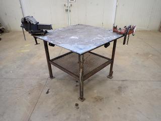 4ft X 4ft X 37in Steel Work Table C/w Irwin Record 6in Bench Vise And Ridgid BC-810 1/2in-8in Pipe Vise