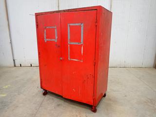 5ft X 30in X 6ft 2-Door Portable Storage Cabinet C/w Cutters, Square, Levels, C-Clamps, Wrenches, Adjustable Wrenches, Screwdrivers And Assorted Hand Tools